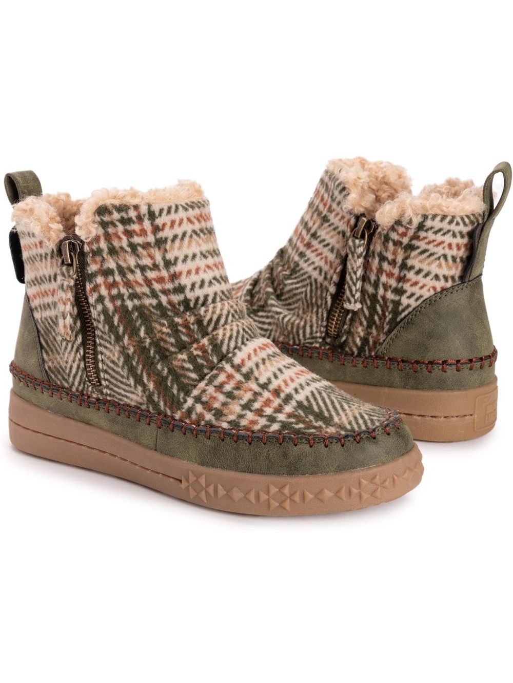 Muk Luks Olive Green Plaid Sherpa-Lined Ankle Boots